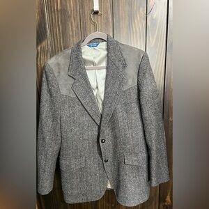 90s Pendleton Western Sports Coat Gray Herringbone Tweed Elbow Patch-40 L- VTG